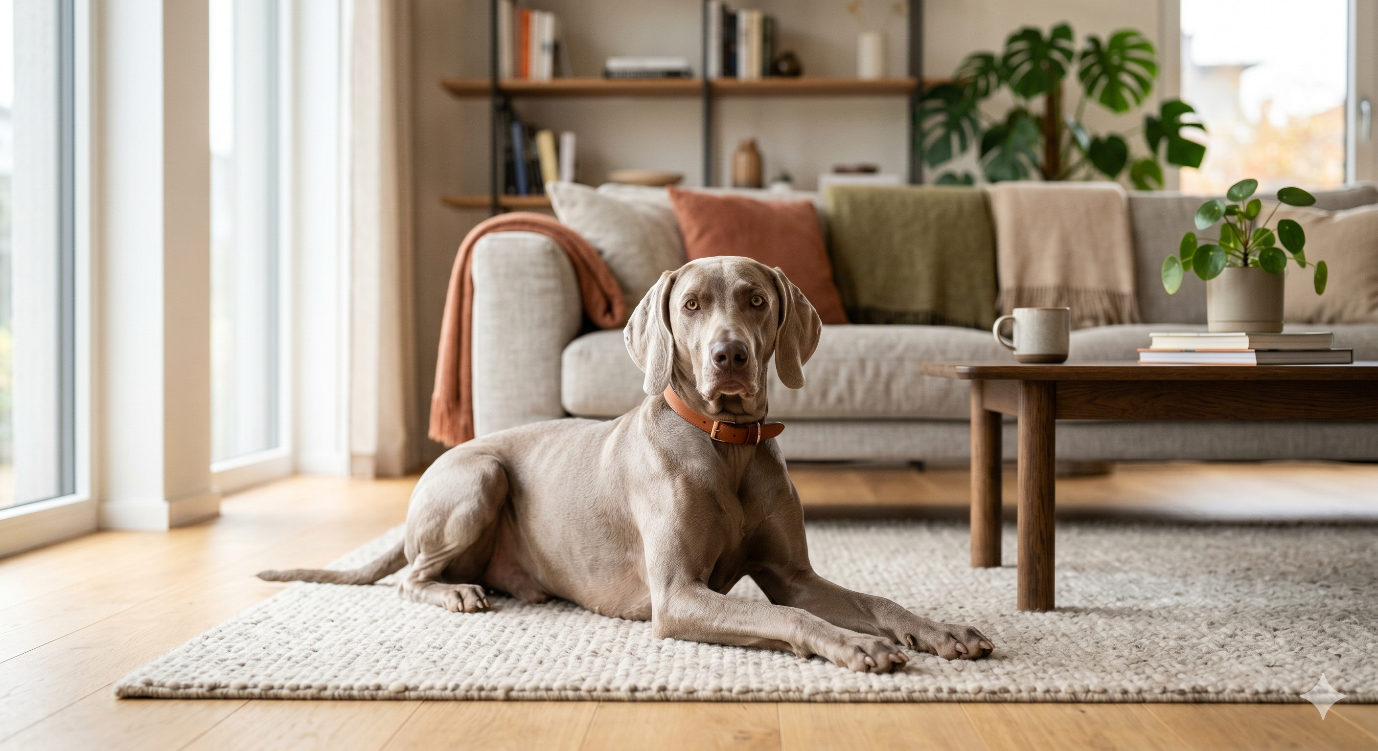 Eleganter Hund in hellem Wohnzimmer – von Rudon Premium Hundefutter