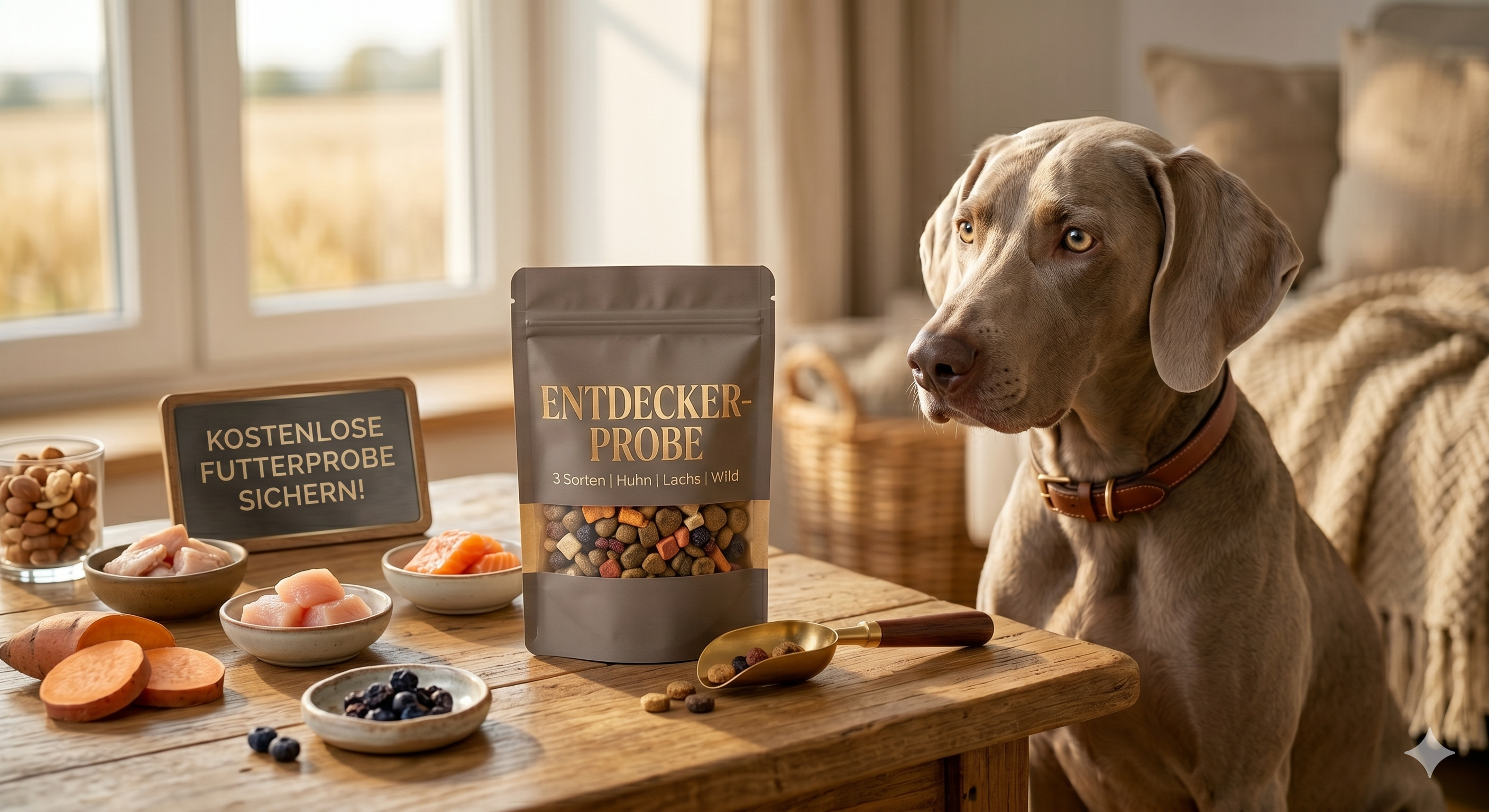 Kostenlose von Rudon Futterprobe neben einem neugierigen Hund
